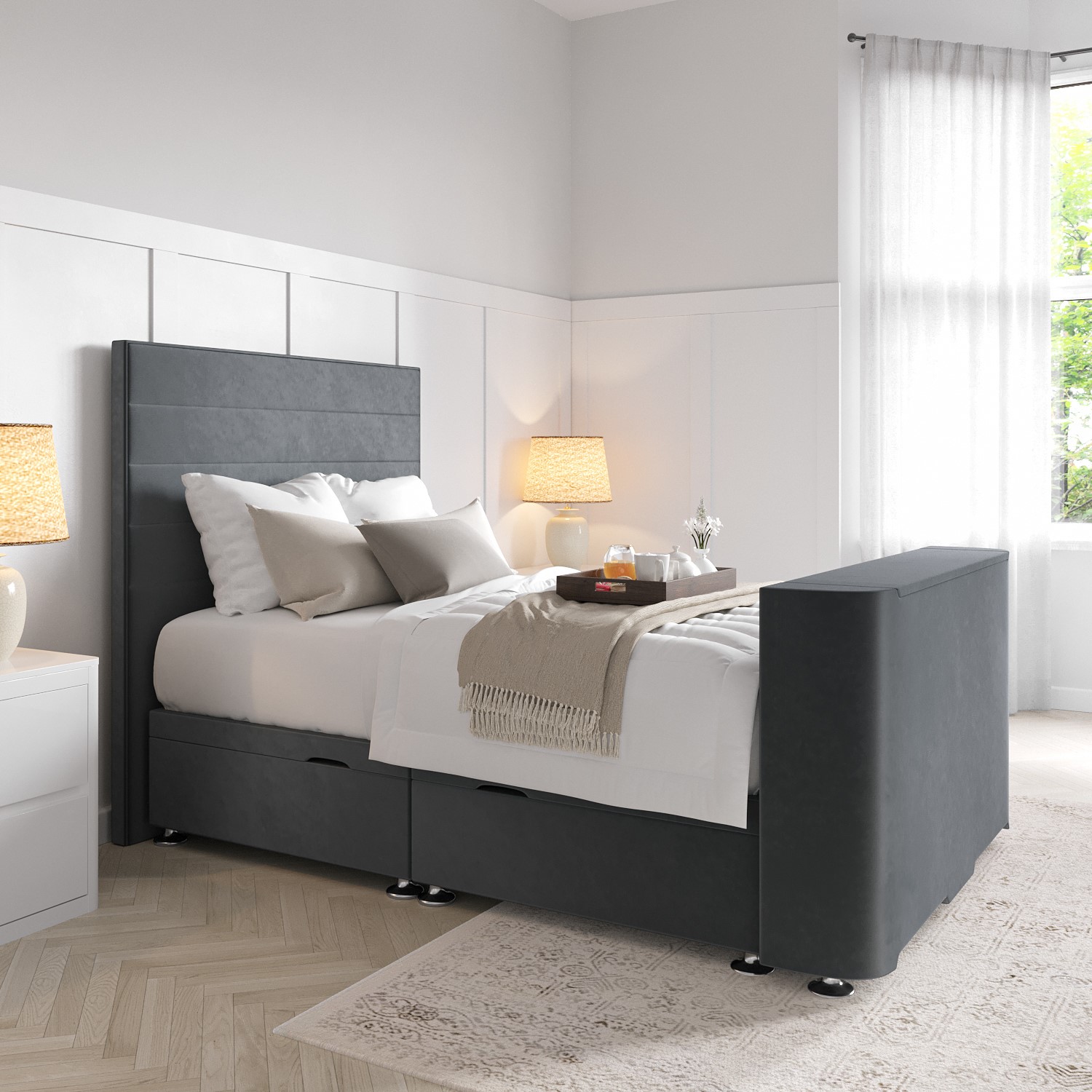 Read more about Super king tv ottoman bed in grey velvet with stripe headboard eden